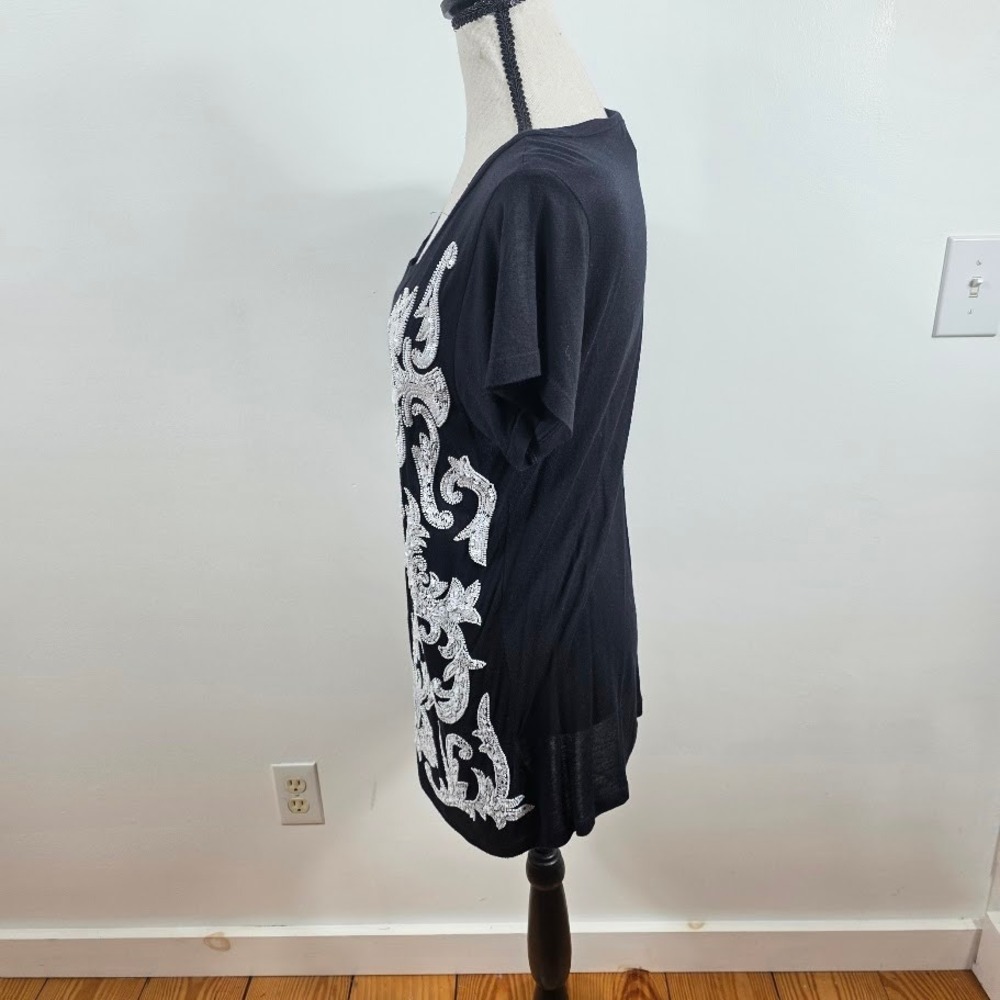 Boston Proper Sequin Tunic Womens L Black Silver Beaded Damask Short Sleeve Top - Picture 2 of 5